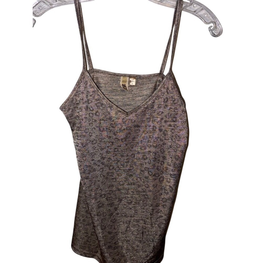 BKE Womens Shimmery Leopard Print Tank Top Metallic V-Neck Camisole Grey Small
